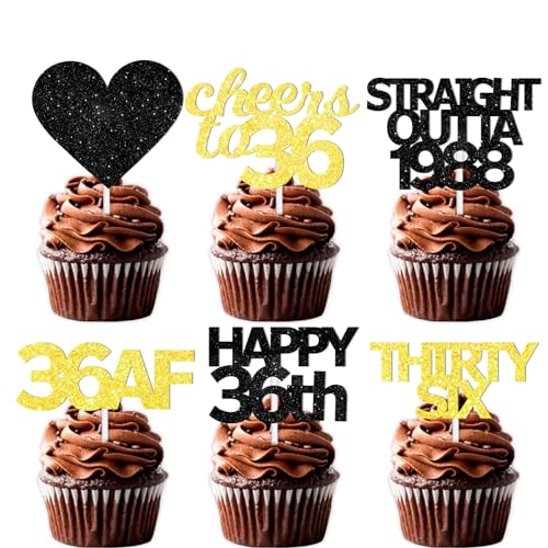 Dessert-Cupcake-Plektren für gerade Outta 1987 Cheer to 36 Years Old Thema Decor Supplies Happy 36th Birthday Party Dekoration 18 Stück Schwarz Gold von LETLIMIT