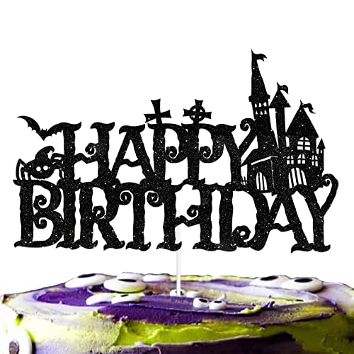 Spukhaus Happy Birthday Kuchenaufsatz Schwarz Glitzer Halloween Thema Dekorationen Junge Mädchen Mann Frau Happy Birthday Jäten Jahrestag Party Dekor Supplies von LETLIMIT