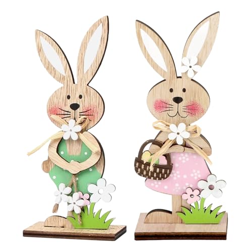 LETTERASHQP 2 Stück 19 cm Osterhase Deko aus Holz,Deko Aufsteller für Ostern,Osterhasen-Paar mit Colourful Blume,Häschen Desktop Innen Außen Rustikale Ostern Frühling Dekoration von LETTERASHQP