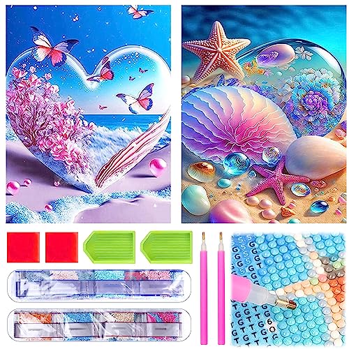 LETTERASHQP 2 Stück Diamond Painting Full Set 5D Diamant Painting Bilder Strand Muscheln Seestern Schmetterlinge DIY Diamond Painting Erwachsene Kinder für Wohnzimmer Schlafzimmer Büro Wand(30x40cm) von LETTERASHQP