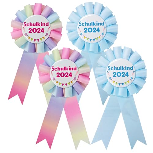 LETTERASHQP 4 Stück Einschulung Deko Schulanfang Geschenke Schulkind 2024 Mädchen Schleife Schultüte Schulkind 2024 Button Anstecker Schulkind Geschenke Schulkind Abzeichen zur Schulanfang Einschulung von LETTERASHQP