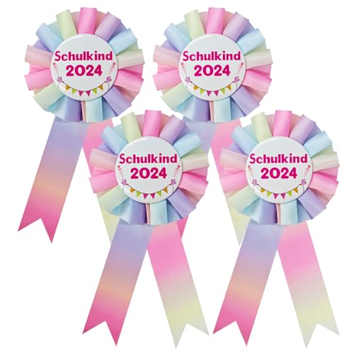 LETTERASHQP 4 Stück Schulkind 2024 Button Anstecker Schulanfang Mädchen Ansteckbutton Schleife Einschulung Anstecker Schulkind Abzeichen zur Schulanfang Einschulung Geschenk Party Mitgebsel Rosa von LETTERASHQP