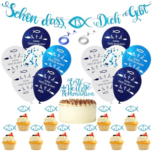 32 Stück Kommunion Deko Junge Deko Kommunion Junge Tischdeko Kommunion Luftballons Kommunion Deko Junge mit Taufe Cupcake Topper Tortendeko Kommunion für Taufdeko Junge Kommunion Tischdeko von LETTERASHQP