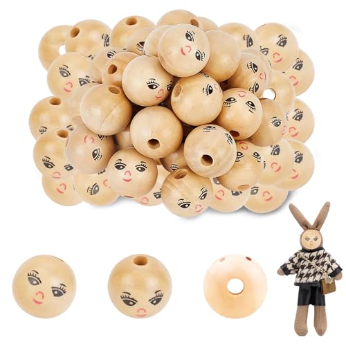 LETTERASHQP 50 Stück Holzperlen mit Gesicht,Lächeln Gesicht Holzperle18mm für DIY Bastelarbeiten Dekorationen, Holzkugeln mit Gesicht Charme DIY Handwerk perlen für Kinder schmuck Machen zubehör von LETTERASHQP