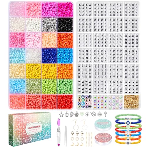 LEUCHTAMOR 6600 Stück 4mm Glas-perlen, 28 Farben Perlen für Armbänder,1000 Buchstabenperlen für Namensfreundschaftsarmbändern,Armband Perlen Set für Mädchen von LEUCHTAMOR