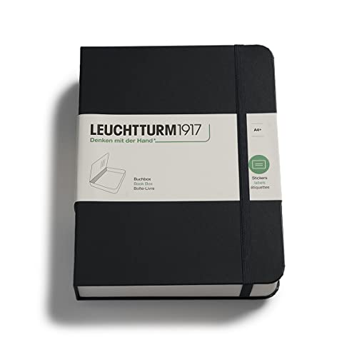 LEUCHTTURM1917 342482 Buchbox - Schachtel, Notizbuch-Look, 255 x 329 x 60 mm, mit Aufklebern, Gummi, 5 cm Füllhöhe - Schwarz von LEUCHTTURM1917