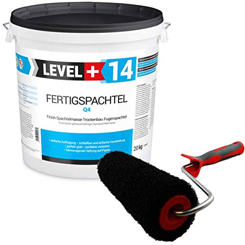 Glätt-Set Fertigspachtel 20kg Finish Feinputz Weiß + Profi Glättwalze 250mm Gipsspachtel Flächenspachtel Fein Spachtel SET209 von LEVEL PLUS