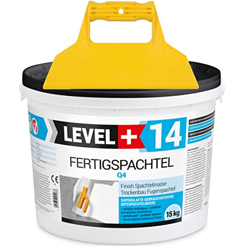 Fertigspachtel Spachtelmasse 15 kg Glättspachtel Fugenspachtel Reinweiss Weiß + Kunststoffspachtel ohne Zahnung Set RM14 von LEVEL+