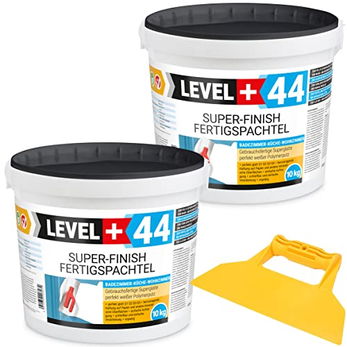 Super Finish Fertigspachtel Q1-Q4 Spachtelmasse 10kg+10kg Perfekt Glatt Weiß Innenbereich + Kunststoffspachtel ohne Zahnung Set RM44 von LEVEL+