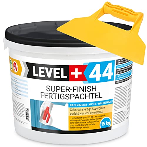 Super Finish Fertigspachtel Q1-Q4 Spachtelmasse 15kg Perfekt Glatt Weiß Innenbereich + Kunststoffspachtel ohne Zahnung Set RM44 von LEVEL+