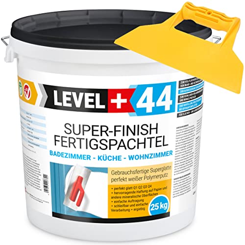 Super Finish Fertigspachtel Q1-Q4 Spachtelmasse 25kg Perfekt Glatt Weiß Innenbereich + Kunststoffspachtel ohne Zahnung Set RM44 von LEVEL+