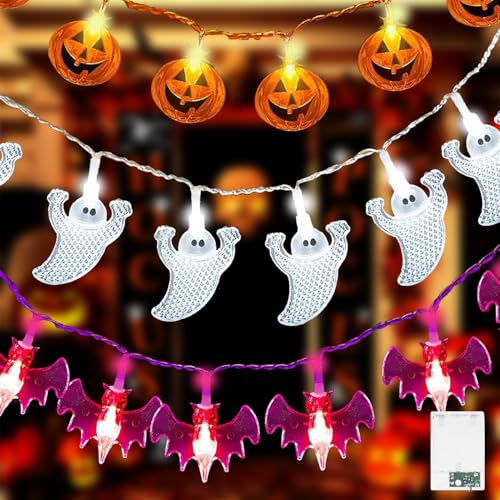 LEWBDF Halloween Lichterkette, 3 Stück Halloween Lichter, Halloween Deko Outdoor, 3M 20LED Kürbis Lila Fledermäuse Weiße Geister Lichterkette, für Außen Innen Party Garden Halloween Deko von LEWBDF