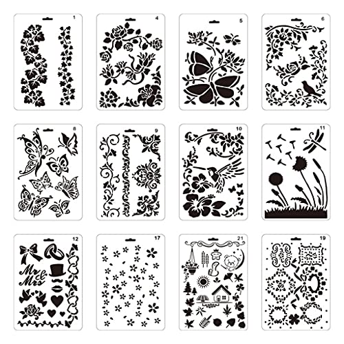 12 Stück für kreative PET-Malschablonen, wiederverwendbar, einzigartig, ausgehöhlte Blumen, Schablonen-Set zum Sprühen und Zeichnen von LEYILE