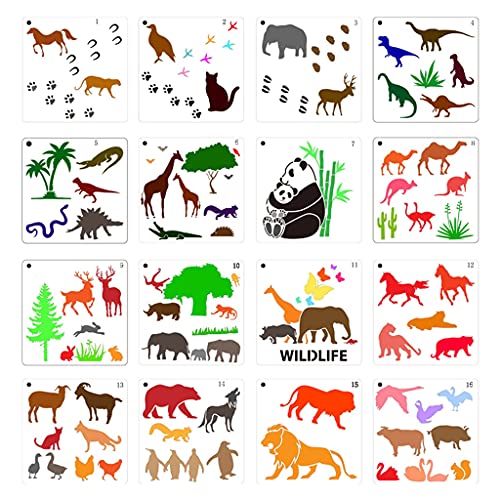 Zeichenschablonen mit Tiermotiven, Panda, Pferd, Dinosaurier, Elefant, Ziege, Löwe, Malschablone, Zeichenschablone, 16 Stück von LEYILE