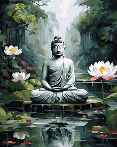 LEYIUYIU Präzises vorgedrucktes DIY Kreuzstichset für Kinder Erwachsene und Anfänger 11CT Stickset Wand und Heimdekoration – Buddha-Statue im Wasserbecken – 40x50cm von LEYIUYIU