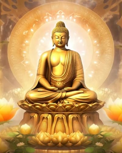 LEYIUYIU Präzises vorgedrucktes DIY Kreuzstichset für Kinder Erwachsene und Anfänger 11CT Stickset Wand und Heimdekoration – goldene Buddha-Statue – 40x50cm von LEYIUYIU