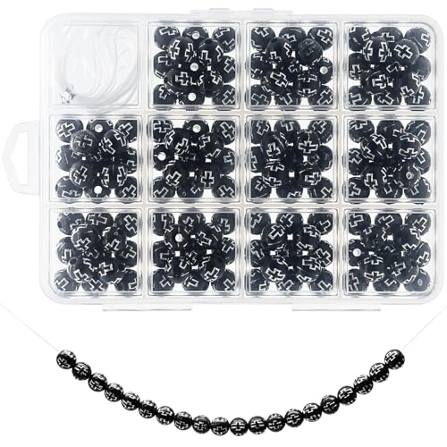 10 mm Acrylperlen für Armbänder, 143 Stück Kreuzperlen zur Schmuckherstellung, mit 2 m langem elastischem Perlenfaden und 12 Fächern, Perlen-Organizer, christliche Perlen (schwarz) von LEZAA