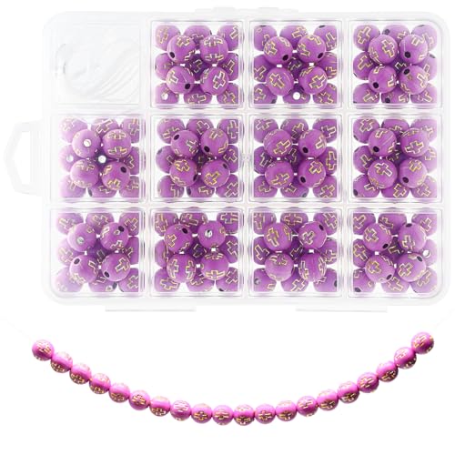 10 mm Acrylperlen für Armbänder, Kreuzperlen zur Schmuckherstellung, mit 2 m elastischem Perlenfaden und 12 Fächern, Perlen-Organizer, christliche Perlen (Rose) von LEZAA