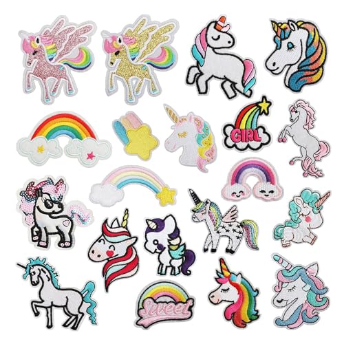 Flicken zum Aufbügeln Kinder 20 Stk Bügelflicken Kinder mit Einhorn Einhorn Bügelbilder Patches Zum Aufbügeln DIY Kleidung Bügel Flicken Aufnäher Mädchen für Diy T-Shirt Jeans Kleidung Taschen Mützen von LEZED