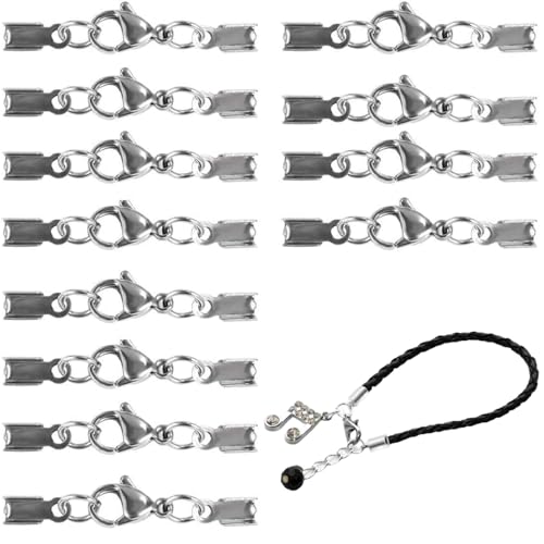 Leder Kettenverschlüsse Verbinder mit Kordelenden, 12 Stück Schnur Endkappen Lederband Verschluss, Lederband Verschluss für Armband, für Leder Seil Halskette Schnalle DIY Armband Halsketten Silber. von LEZED