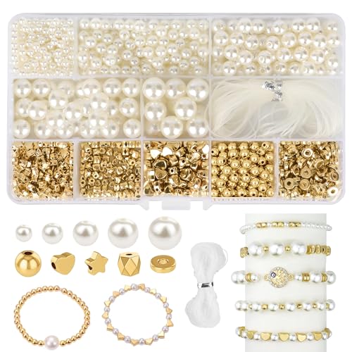 1090 Stück Perlen zum Auffädeln, Glasperlen Weiß Kunstperle Runde Perlen, Weiß Nachahmung Perlen Gold Abstandsperlen für DIY Halsketten Armbänder Schmuck Basteln(∅ 4, 6, 8, 10 12mm) von LFBEST