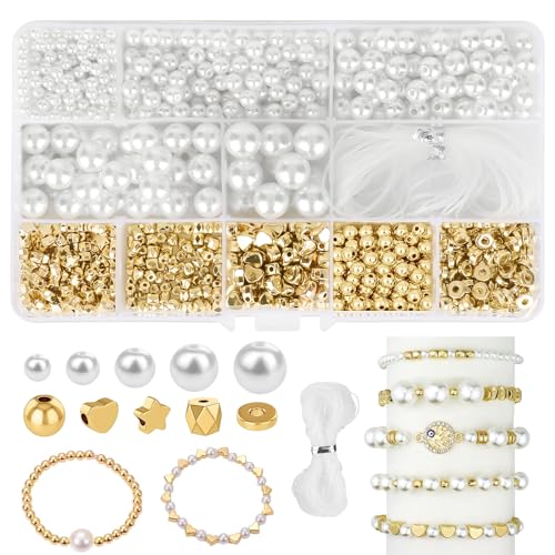 LFBEST 1090 Stück Perlen zum Auffädeln, Glasperlen Weiß Kunstperle Runde Perlen, Weiß Nachahmung Perlen Gold Abstandsperlen für DIY Halsketten Armbänder Schmuck Basteln(∅ 4, 6, 8, 10 12mm) von LFBEST