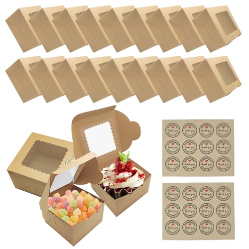 LFBEST 18 Stück Cupcake Box, Kraftpapier Box mit Sichtfenster,Cupcake-Box Muffin Box mit 24Stickern,Cupcake Schachtel Einweg Pappschachtel für Kekse, Kuchen, Dessert, Geschenke （Braun） von LFBEST