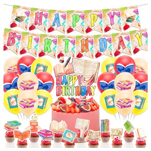 Bücher Party Zubehör Buch Club Geburtstag Party Dekorationen Inklusive Buch Happy Birthday Banner Kuchen Topper Cupcake Toppers Ballons für Bibliothek Party Dekorationen von LFCFDX