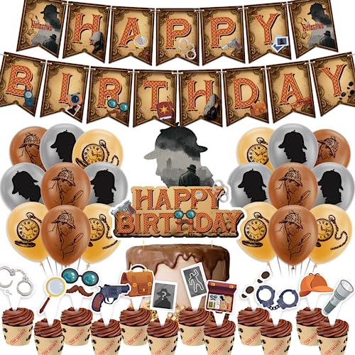 Detektive Geburtstagsdekoration Detektive Party Lieferung inklusive Detektiv Happy Birthday Banner Cake Topper Cupcake Toppers Luftballons für die 20er Jahre Detektive Party Detektiv Geburtstag von LFCFDX