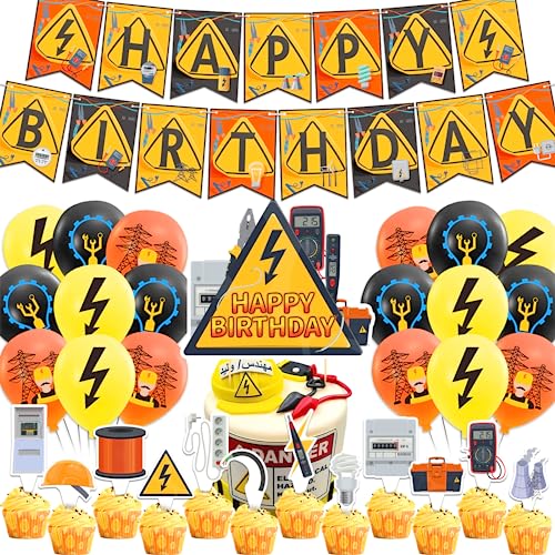 Elektriker Party Dekorationen Power Elektriker Lineman Theme Dekorationen Beinhaltet Happy Birthday Banner Kuchen Topper Cupcake Toppers Ballons für Elektriker Party von LFCFDX