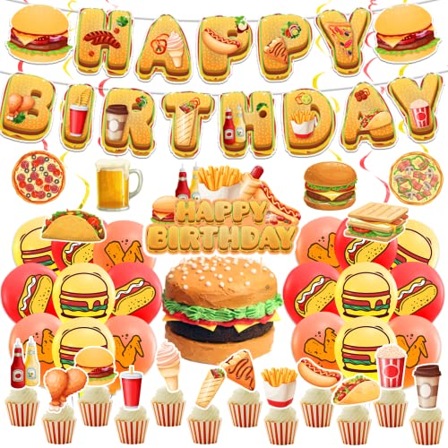 Fast Food Party Dekorationen Pizza Hamburger Gebratenes Hähnchen Hot Dog Party Lieferung inklusive Banner Cake Cupcake Toppers Spiralen Luftballons für Fast Food Geburtstagsdekorationen von LFCFDX