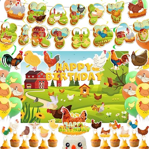 Huhn Geburtstag Dekorationen Zubehör Hühnerparty Set mit Hühnchen Geburtstag Banner Backdrop Spirals Kuchen Cupcake Toppers Luftballons für Farm Baby Shower Dekorationen von LFCFDX