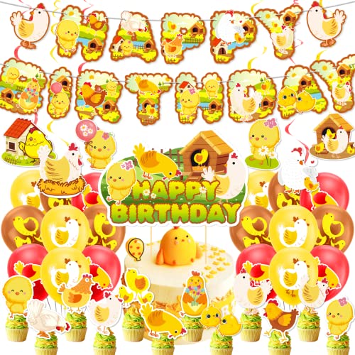 Huhn Party Dekorationen Huhn Farm Geburtstag Party Lieferung inklusive Huhn Geburtstag Banner Kuchen Topper Cupcake Toppers Luftballons für Huhn Geburtstagsfeier Baby Shower Dekorationen von LFCFDX