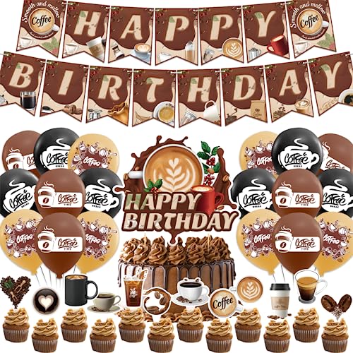 Kaffee Geburtstag Dekorationen Kaffee Party Zubehör Beinhaltet Kaffee Happy Birthday Banner Kuchen Topper Cupcake Toppers Ballons für Kaffee Thema Party Dekorationen von LFCFDX