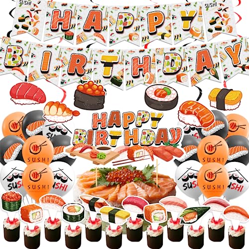 Sushi Party Dekorationen Japanische Geburtstagsfeier Dekorationen einschließlich Sushi Happy Birthday Banner Kuchen Topper Cupcake Toppers Luftballons für Sushi Themenparty von LFCFDX