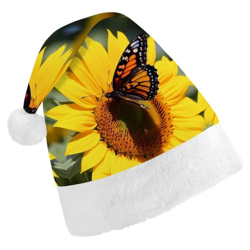 LFDSYEOQ Weihnachtsmütze Sonnenblume Schmetterling Weihnachtsmannmütze für Erwachsene Komfort Warm Unisex Xmas Urlaub Hut für Neujahr Festliche Feiertagsparty von LFDSYEOQ