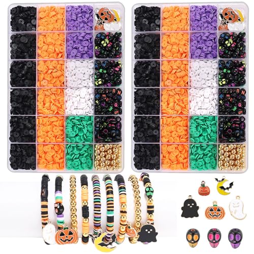 Halloween-Armbandherstellungs-Set für Damen, Polymer-Ton-Perlen mit Totenkopf-Anhängern, DIY-Schmuckherstellungszubehör für Partygeschenke, einfaches Bastelset für alle Jahreszeiten, 2 Stück von LFLIUN