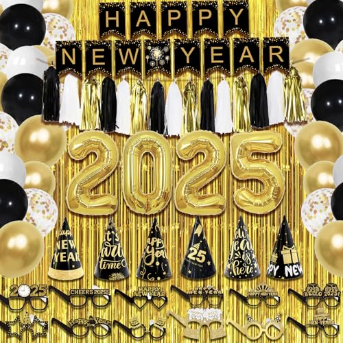 LFSTGN 77 Stück Silvester Dekorationen 2025 Silvester Party Supplies - HAPPY BEW YEAR Banner, 2025 Zoll Folienballon, Papiergläser, Hüte, Ballon-Party-Kit, YQuasten-Girlande, Fransenvorhang von LFSTGN