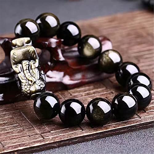 LGESR Mode-Armband Buddha-Perlen-Armbänder Natürlicher Goldener Obsidian Schwarzer Obsidian-Edelstein-Heilenergie-Armband Einstellbares Feng Shui-Reichtum-Armband, 12 mm Kristall (größe : 14 mm) von LGESR