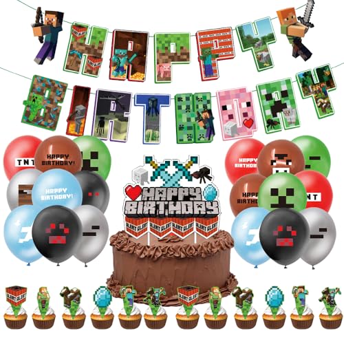 Geburtstagsdeko Jungen Mädchen, 32Pcs Miner Gamer Thema Party Dekoration Kindergeburtstag Deko Kinder Geburtstag Dekoration Partyzubehör Enthält Happy Birthday Banner Latex Ballons Cupcake-Topper von LGQHCE