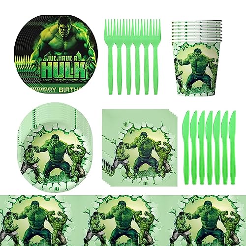 LGQHCE Hul-k Partygeschirr Avengers Geburtstagsdeko Hul-k Themen Kindergeburtstag Dekoration Party Geschirr Hul-k Party Supplies Teller Servietten Tassen Kindergeburtstag Party 71 Pcs von LGQHCE