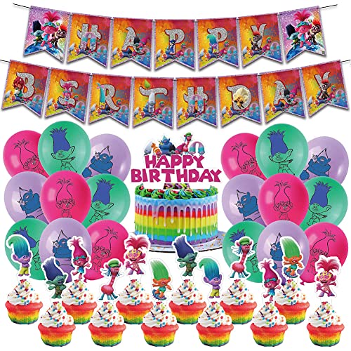 LGQHCE Trolls Geburtstag Deko Trolls Party Dekoration Luftballons Set Kindergeburtstag Trolls Geburtstagsfeier Ballons Cake Topper Banner für Geburtstagsdeko Party Supplies von LGQHCE