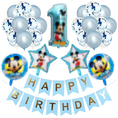 Mickey 1st Geburtstag Themed Dekorationen, LGQHCE Mickey Geburtstagsdeko Luftballons Mickey Themed Geburtstag Dekorationen Mickey Blau Folienballon Nummer 1 Folienballons für Themenparty 26 PCS von LGQHCE