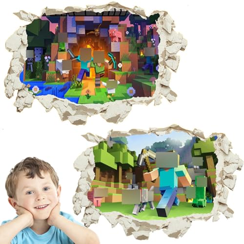 Mine-craft Wandaufkleber 2 Stück Cartoon Spiel 3D Wandaufkleber Abnehmbare Wand Mine-Craft Aufkleber Decals TV Hintergrund Fensterdekoration Vinyl Aufkleber für Mädchenzimmer Schlafzimmer Wohnzimmer von LGQHCE