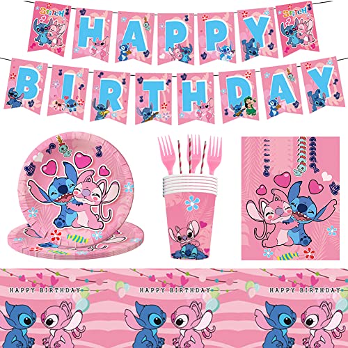 Stitc-h Partygeschirr Tischdeko, Geburtstag Deko Set, kindergeburtstag party geschirr Party Supplies Set mit Pappbecher Teller Tischdecke Serviette für Geburtstag Junge Mädchen von LGQHCE