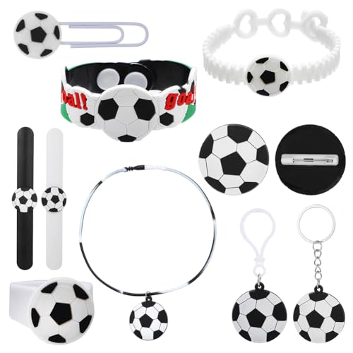 LGWJHCY 10PCS Fußball Party Mitgebsel Kinder mit Fußball Geburtstagsdeko， Fußball Armbänder Halsketten Brosche Lesezeichen Ringe Glühbirnen-Verschluss Schlüsselanhänger Schnapp-Ringe. von LGWJHCY