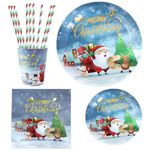 LGWJHCY Weihnachten Partygeschirr Set, 60 PCS Christmas Party Supplies mit Papierteller, Servietten, Gestreifte Strohhalme, Pappbecher, Weihnachten Party Deko, Severs 10 Gäste -Blauer Stil von LGWJHCY