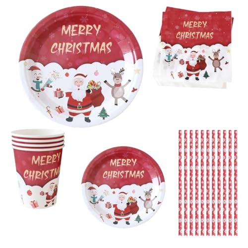 LGWJHCY Weihnachten Partygeschirr Set, 60 PCS Christmas Party Supplies mit Papierteller, Servietten, Schneeflockenstroh, Pappbecher, Weihnachten Party Deko, Severs 10 Gäste -Roter Stil von LGWJHCY