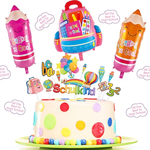 Einschulung Deko Jungen Mädchen, Schuleinführung Schulanfang Deko Set, DIY Einschulung Deko Set mit 1 Schultüte Folienballon + 2 Pencil Folienballons +11 Stk Schulanfang Cupcake Topper(Rosa Serie) von LGZIN