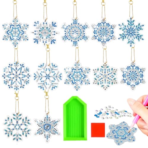 LGZIN 12 Stück Diamond Painting Weihnachten Anhänger, 5D Schneeflocken DIY Diamant Malerei Schlüsselanhänger, Schneeflocken Diamond Painting Anhänger für Weihnachtsbaum Fenster Hängend Winter Dekor von LGZIN